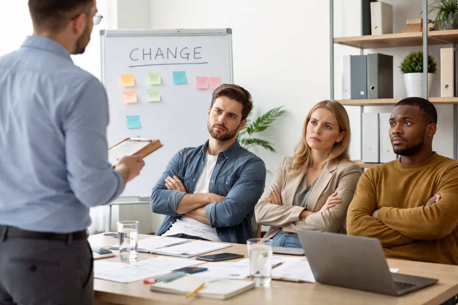 Réunion d'équipe avec résistance au changement